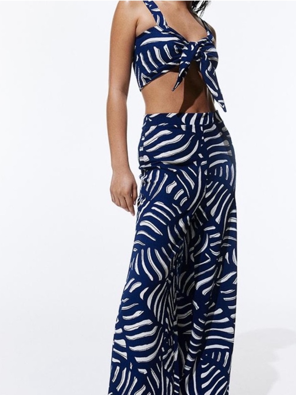 H&M Navy & White Printed Wide-Leg Pants and Crop Top Set